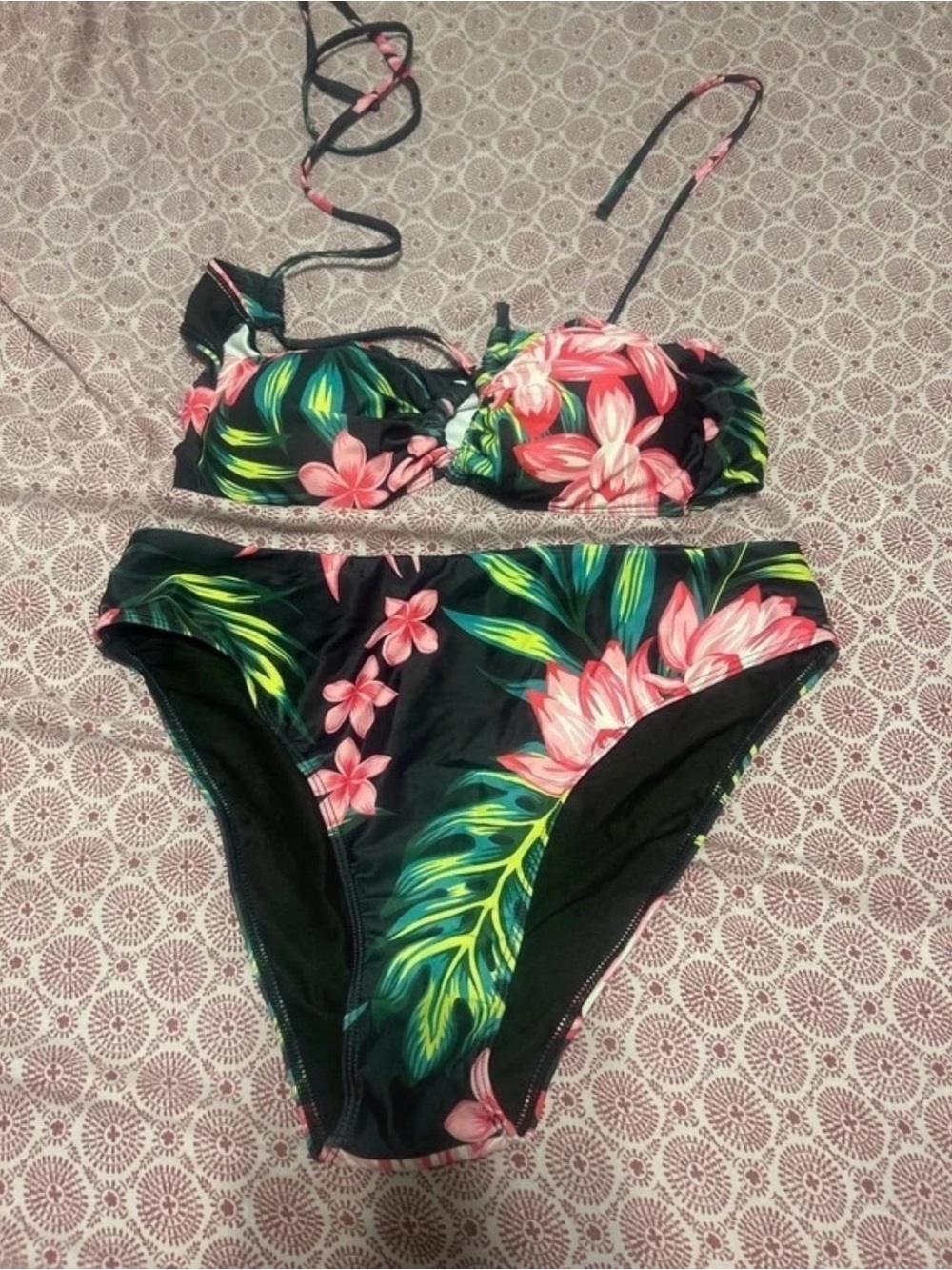 Women’s Black Floral Bikini Set - Pink & Green Tropical Print